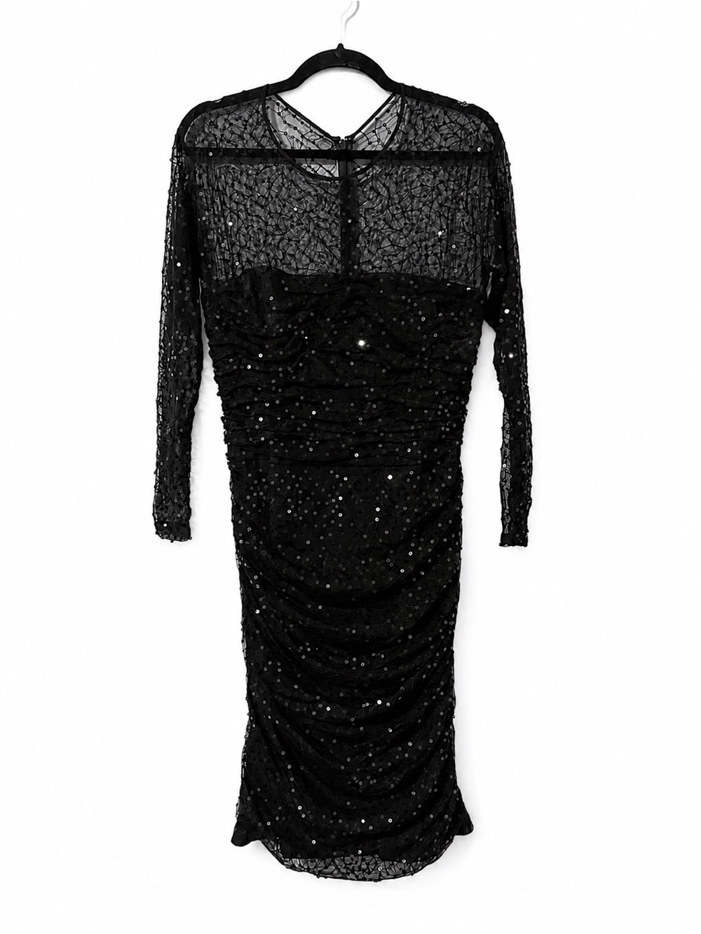 Tadashi Shoji Black Sequin Ruched Mesh Illusions Long Sleeve Dress